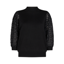 FREEQUENT - FQDOTKA Strikbluse med 3/4 rmer - sort med blonde