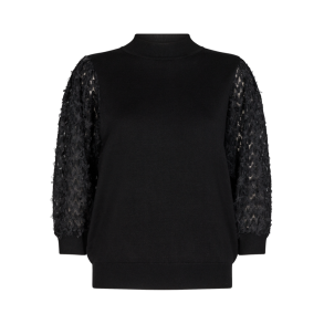 FREEQUENT - FQDOTKA Strikbluse med 3/4 rmer - sort med blonde