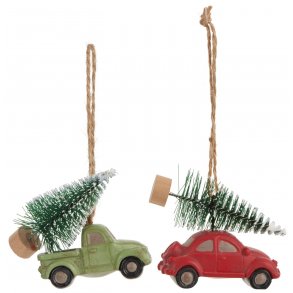 Ib Laursen - Bil med juletr p tag til ophng -  i grn og rd(udsolgt)