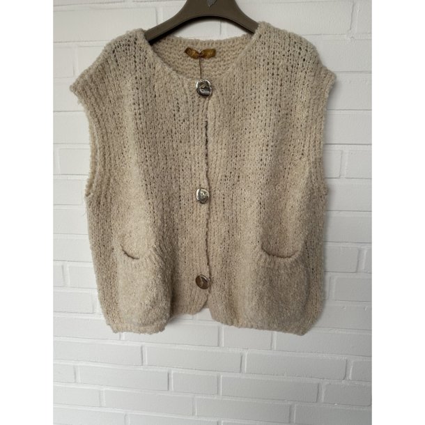 Boho-Love - Strik Vest m. guldknapper og lommer p fronten - creme