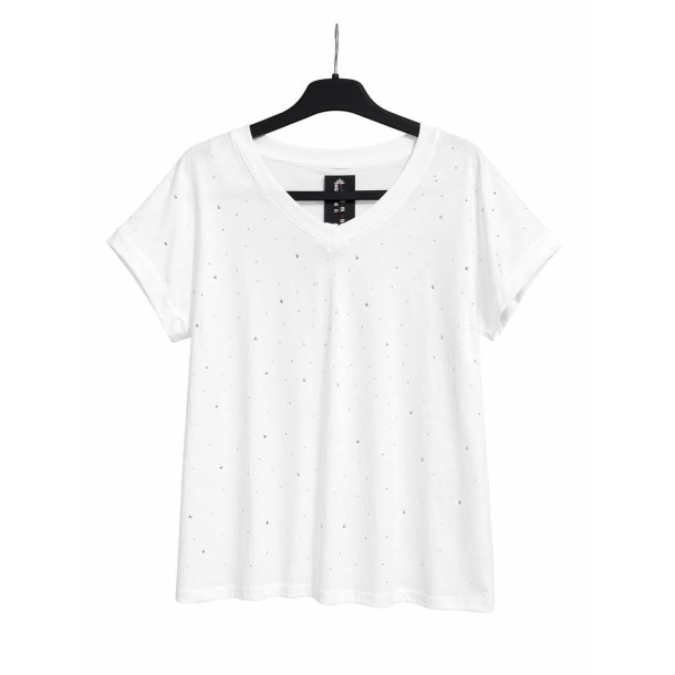 Lisbeth Merrild - T-Shirt m. V-Halsudsk�ring - hvid m. sten - OneSize
