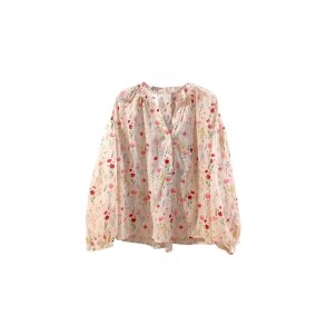 Lecoco - Novella Bluse - beige med blomstermotiv og broderier