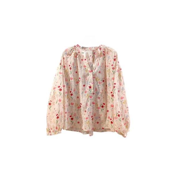 Lecoco - Novella Bluse - beige med blomstermotiv og broderier