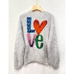 Lisbeth Merrild - StrikPullover - Lysgr Melange m/Love print bagp