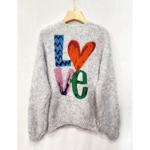 Lisbeth Merrild - StrikPullover - Lysgr Melange m/Love print bagp