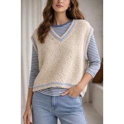 Lisbeth Merrild - Strik Vest - beige med lyser�d strib - OneSize