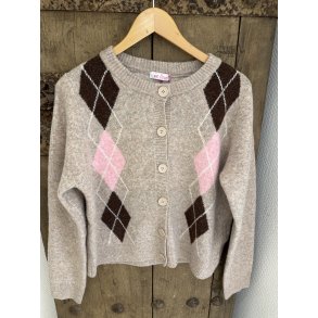 Not Sisters - Orla Cardigan - beige strik med harlekin mnster i lyserd og brun
