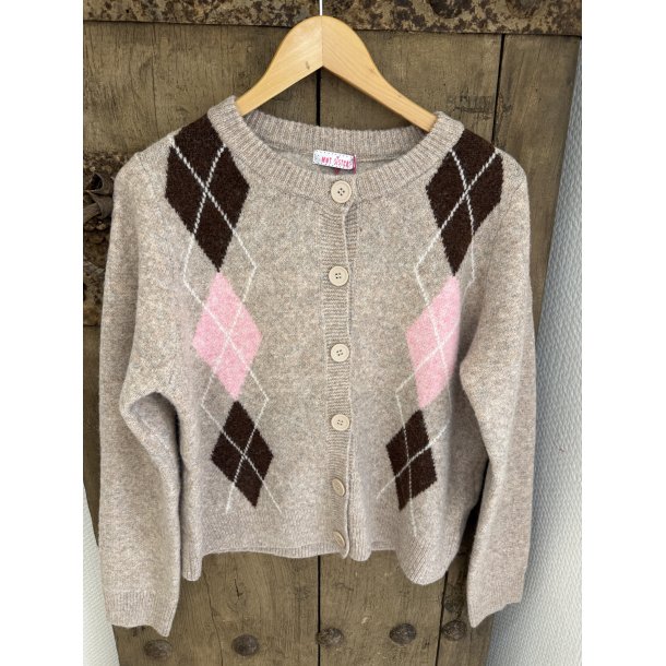 Not Sisters - Orla Cardigan - beige strik med harlekin mnster i lyserd og brun