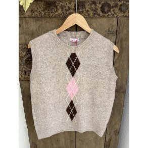 Not Sisters - Henry Vest - beige strik med harlekin mnster i lyserd og brun