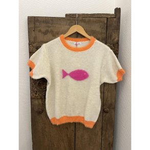 Not Sisters - Strikbluse - med pink fisk motiv foran - off white/orange/pink