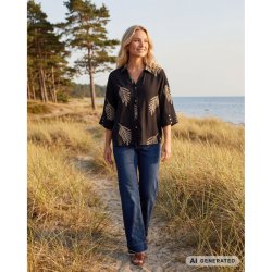 Prepair - Lydia Skjortebluse - loose fit med trekvartlange �rmer - sort med bladprint