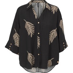 Prepair - Lydia Skjortebluse - loose fit med trekvartlange �rmer - sort med bladprint