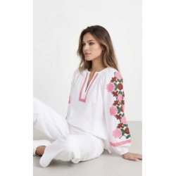 Qnuz - Boheme Bluse - hvid med forsk. farvede broderier