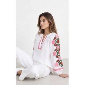 Qnuz - Boheme Bluse - hvid med forsk. farvede broderier