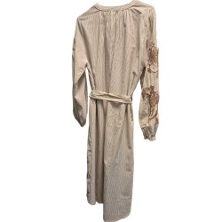 Qnuz - Boheme Kjole - beige m/tynde brune striber og broderier